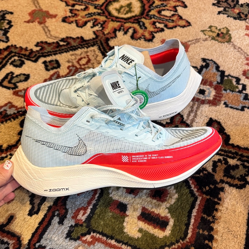 Nike ZoomX Vaporfly Next% 2 Red and Glacier Blue racing shoes